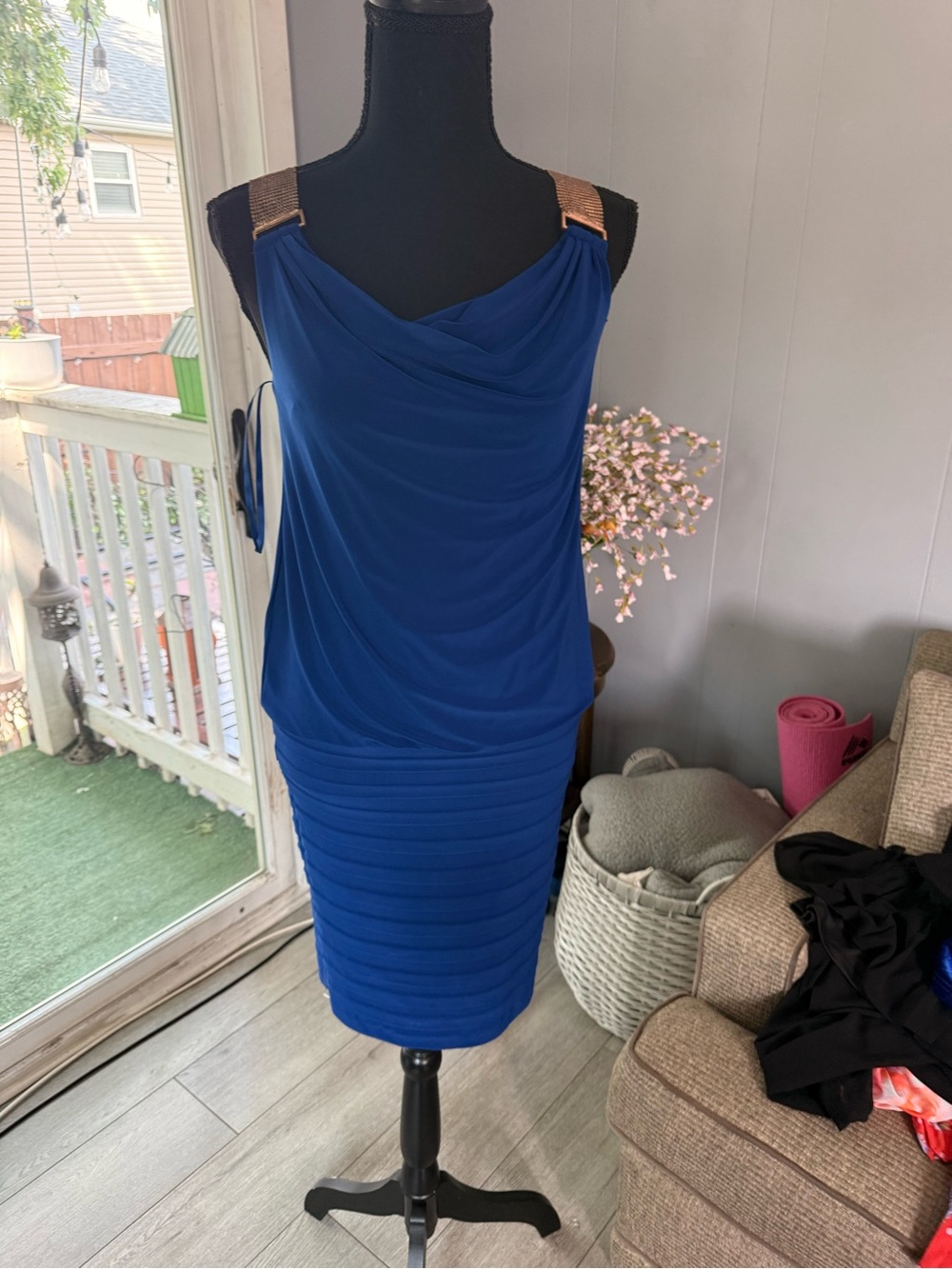 Cache Royal Blue Sleeveless Draped Knit Midi Dress with Metallic Straps